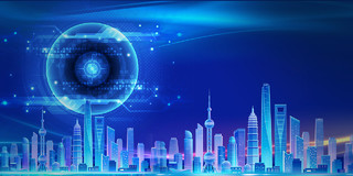 蓝色科技感眼球眼睛城市建筑光效展板背景世界住房日背景
